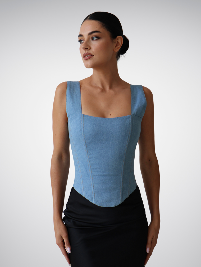 Apparel Mart Blue Denim Off Shoulder Bustier Corset