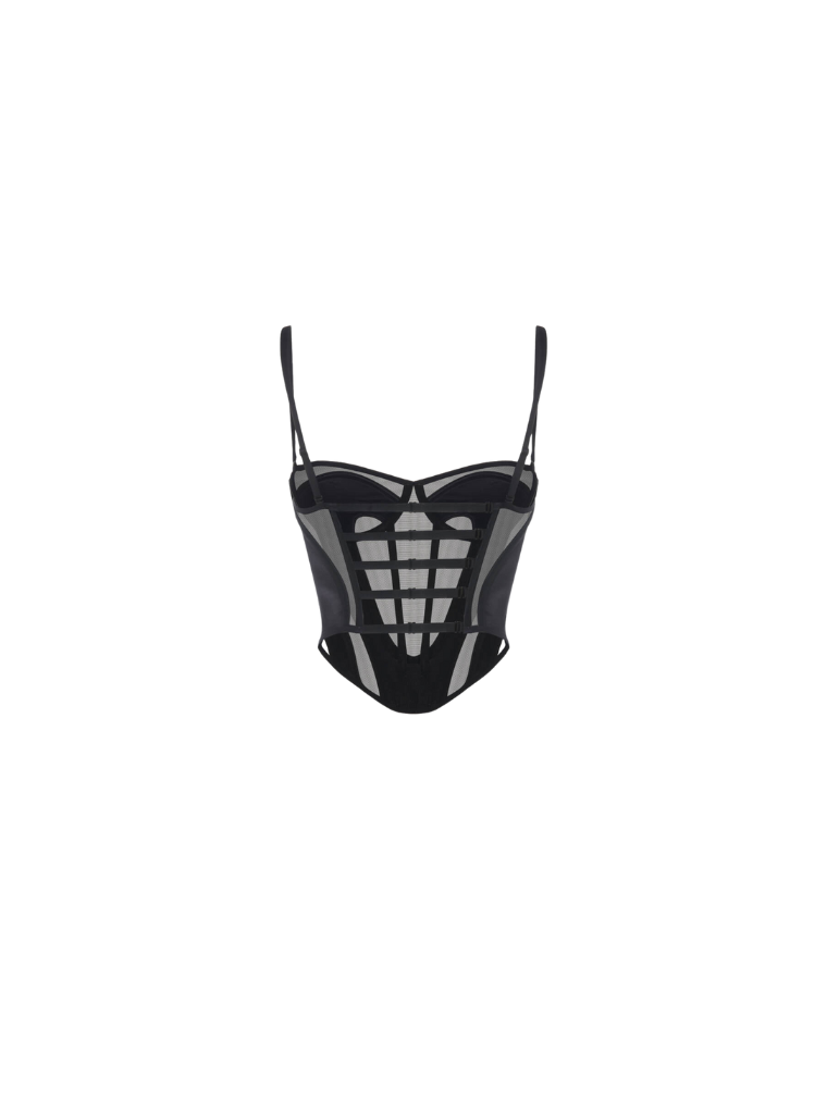 Apparel Mart Black Faux Leather Sheer Bustier Corset