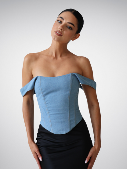 Apparel Mart Blue Denim Off Shoulder Bustier Corset