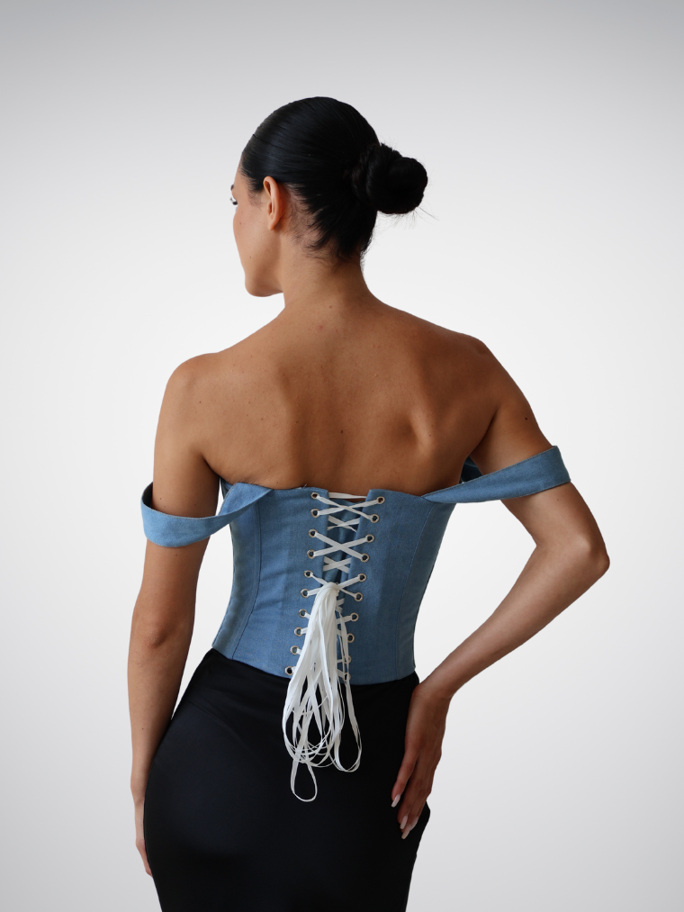 Apparel Mart Blue Denim Off Shoulder Bustier Corset